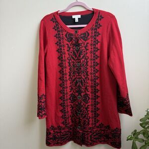 Susan Graver Long Red Black Button Sweater Cardigan Collarless Knit Size Large